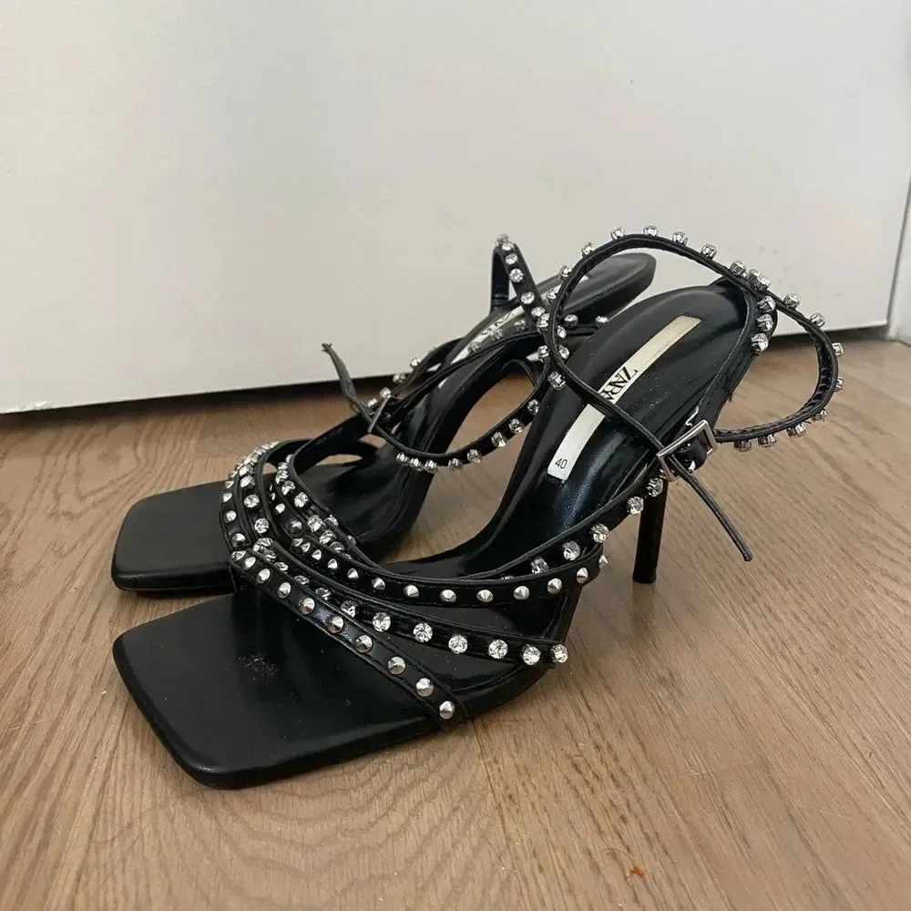 Zara Black Silver Rhinestone Studded Square Heels Size 9